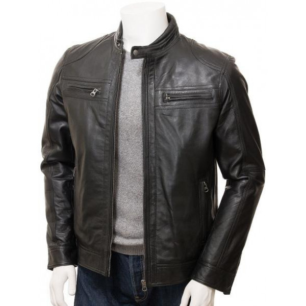Black Leather Double Pockets Biker Jacket | Leathers Jackets UK