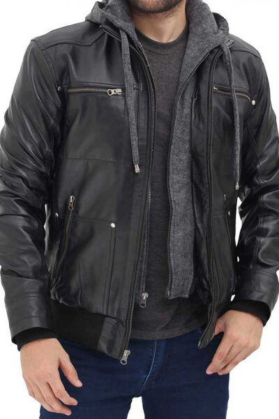 Mens Black Hooded Leather Jacket