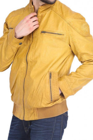 Yellow Quilted Leather Shoulder Jacket For Men