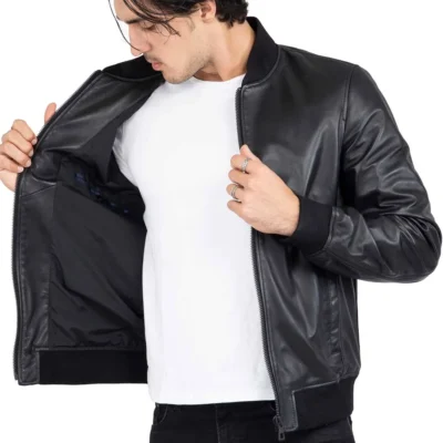 Men's Black Leather Bomber Jacket