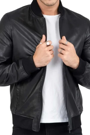 Men's Black Leather Bomber Jacket