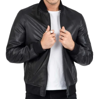 Men's Black Leather Bomber Jacket