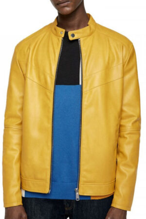 Mens Raised Collar Biker Yellow Jacket