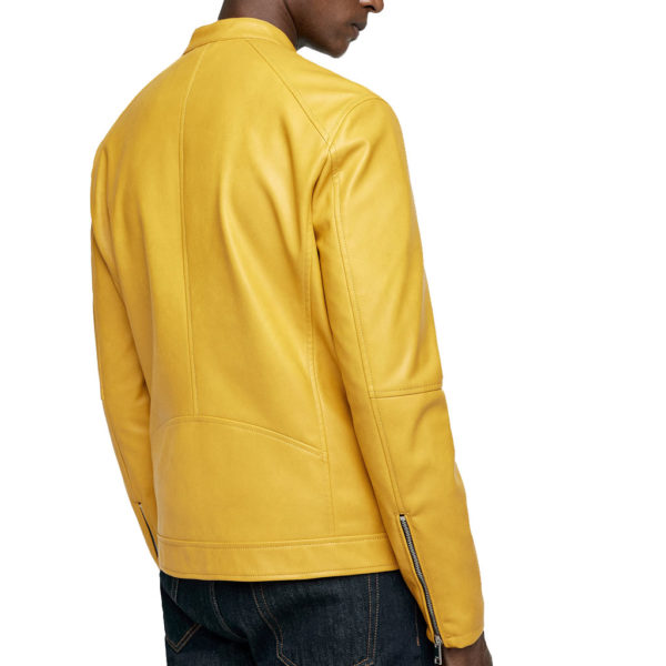 Mens Raised Collar Biker Yellow Jacket - Image 2