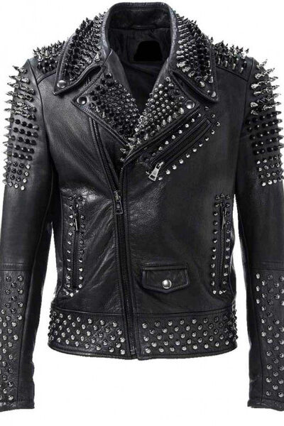 Men's Silver Spikes Studded Brando Leather Jacket