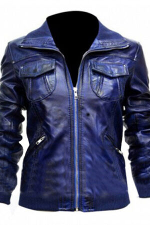 Womens Leather Bomber Blue Jacket