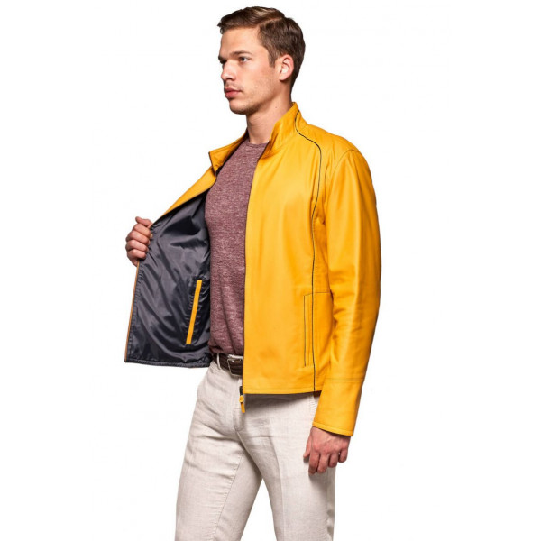 Yellow Basic Real Leather Jacket - Image 2