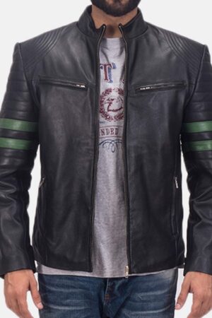 Men's Biker Green Striped Leather Jacket