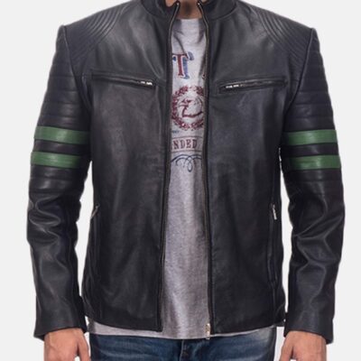 Men's Biker Green Striped Leather Jacket