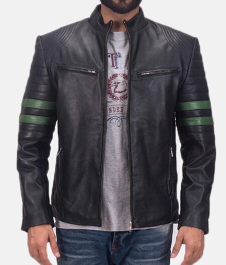 Men's Biker Green Striped Leather Jacket