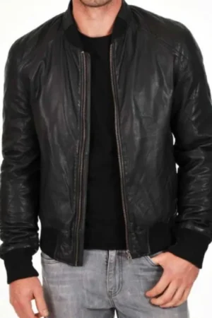 Men’s Black Leather Bomber Biker Jacket