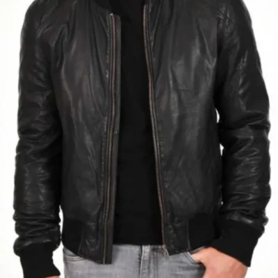 Men’s Black Leather Bomber Biker Jacket