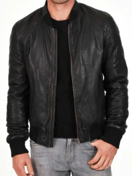 Men’s Black Leather Bomber Biker Jacket