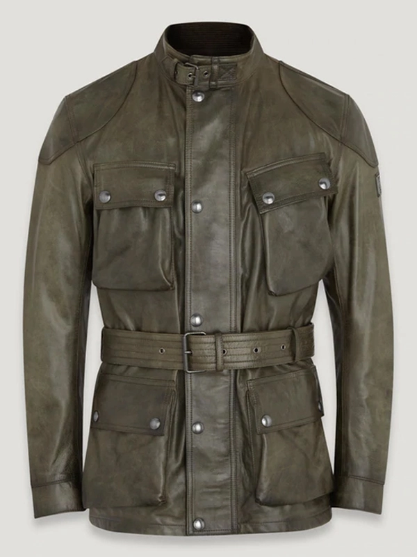 Olive Green Belted Leather Jacket for Men | Leathers Jackets UK