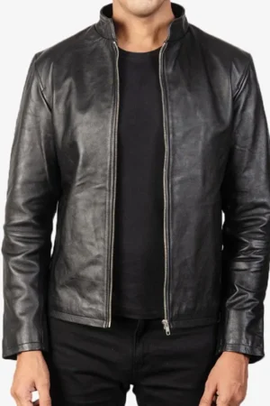 Men’s Simple Black Cafe Racer Leather Jacket