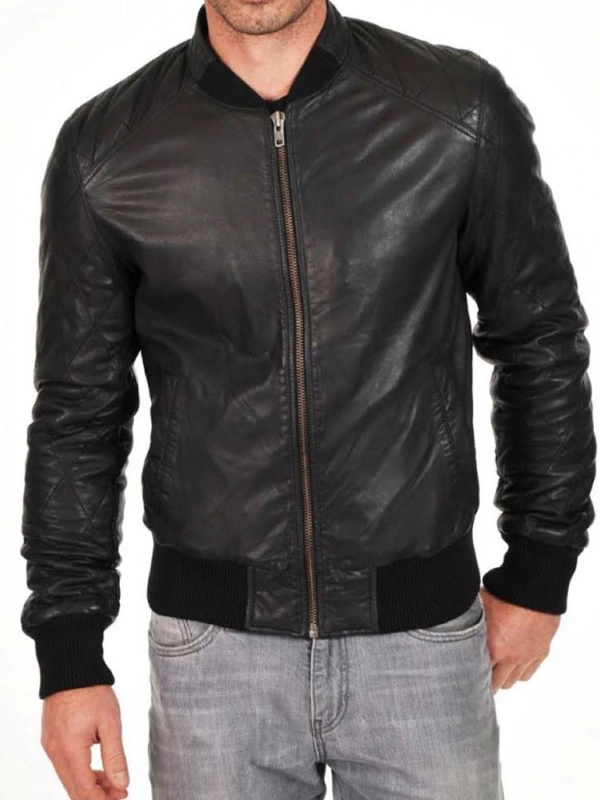 Black Leather Bomber Jacket for Men's