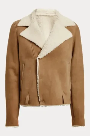 Womens Beige Cropped Shearling Leather Jacket