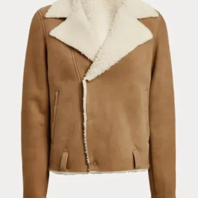 Womens Beige Cropped Shearling Leather Jacket