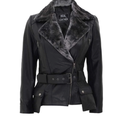 Asymmetrical Leather Black Shearling Jacket