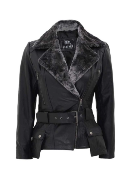 Asymmetrical Leather Black Shearling Jacket