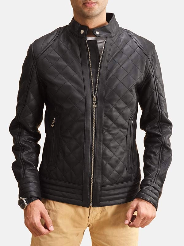 Black Leather Mens Quilted Jacket - Leathers Jackets UK