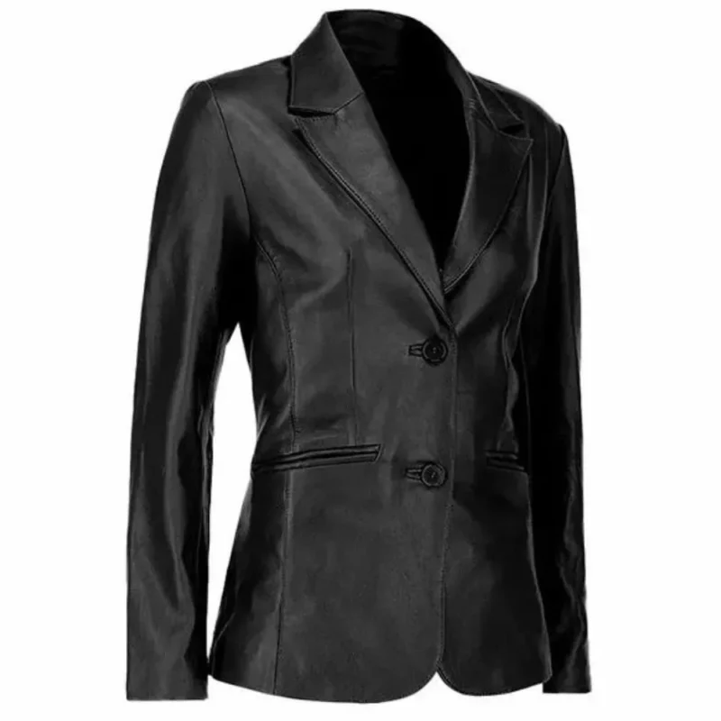 Womens Two Buttoned Black Leather Blazer
