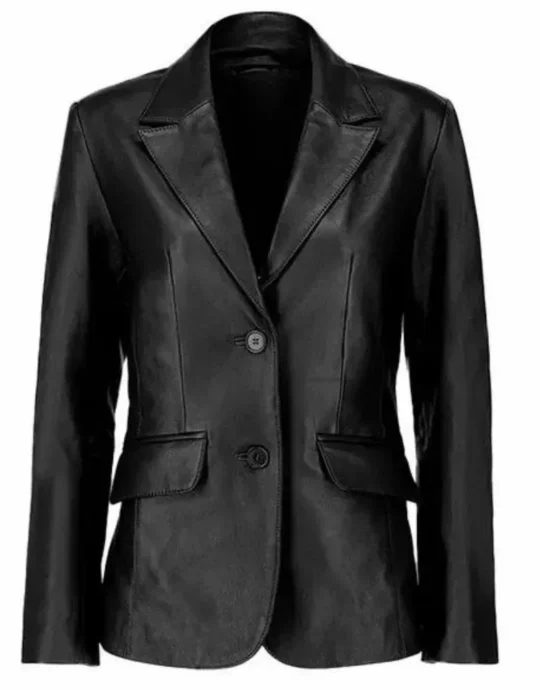 Womens Two Buttoned Black Leather Blazer