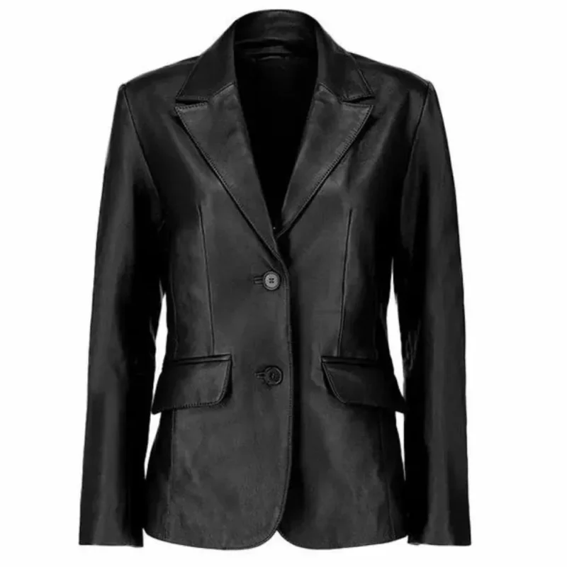 Womens Two Buttoned Black Leather Blazer