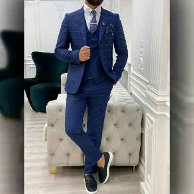 Men Slim Fit Indigo 3 Piece Suit