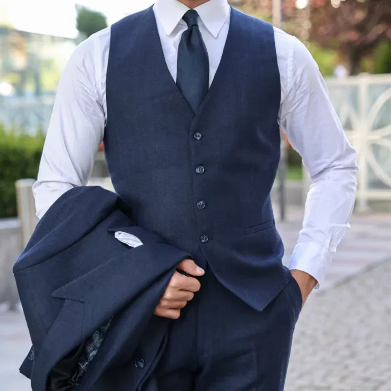 Men Slim Fit Navy Blue 3 Piece Suit