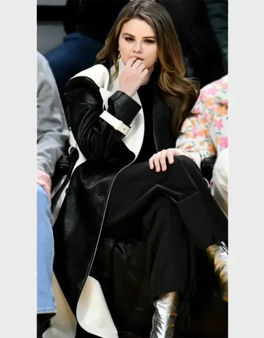 Selena Gomez Black and White Leather Coat