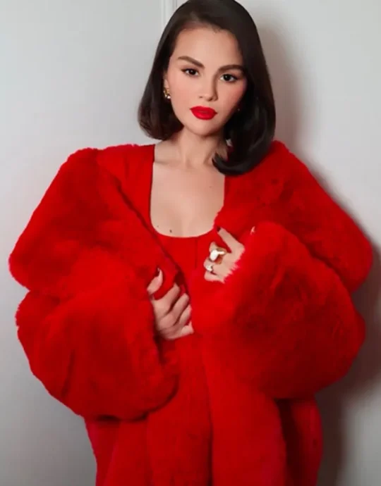 Selena Gomez London Event Red Fur Coat
