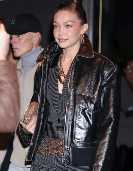 Gigi Hadid NYC 2025 Black Leather Jacket