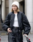 Gigi Hadid Paris Fashion Week Black Leather Bomber Jacket