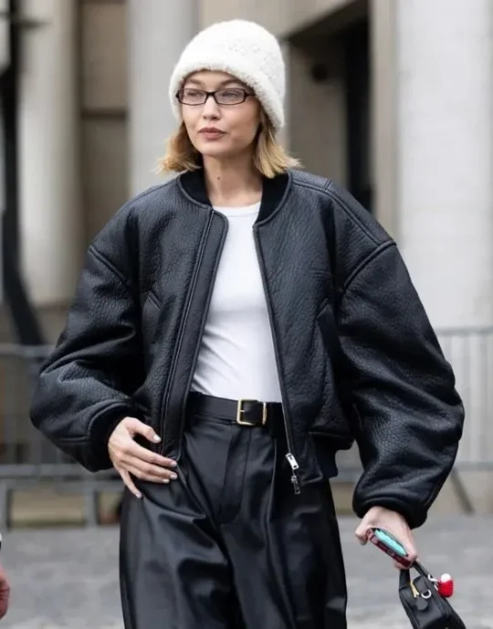 Gigi Hadid Paris Fashion Week Black Leather Bomber Jacket