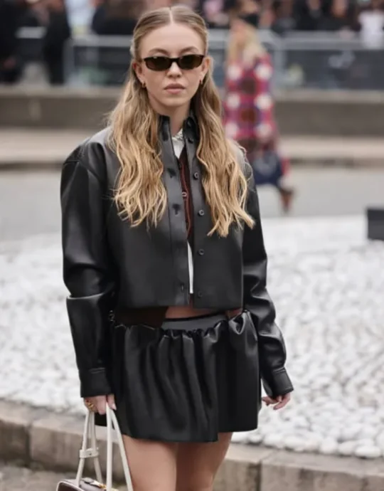 Paris Fashion Week Sydney Sweeney Black Leather Jacket