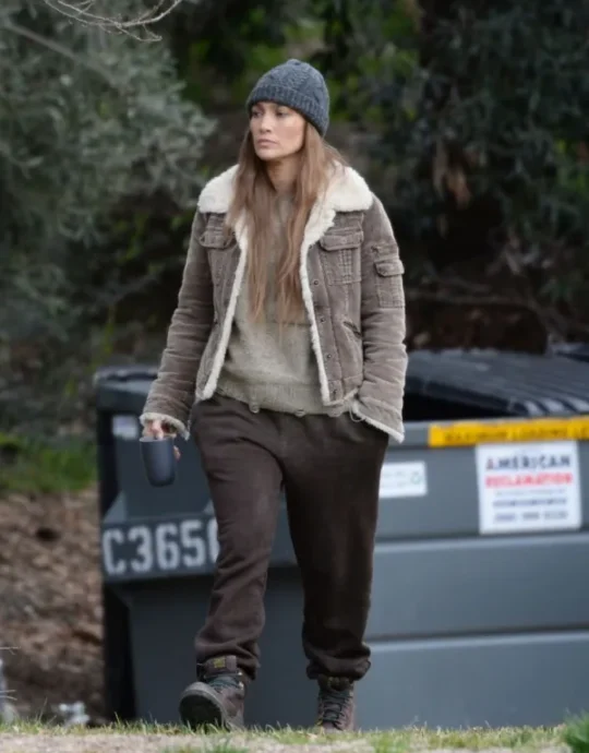 The Mother 2023 Jennifer Lopez Brown Shearling Jacket