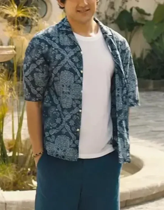 The White Lotus Ethan Spiller Blue Printed Shirt