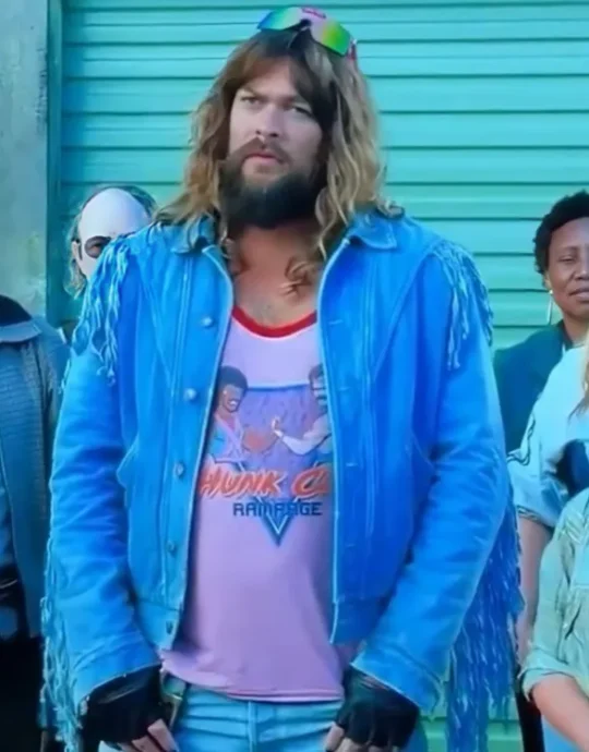 A Minecraft Movie 2025 Jason Momoa Blue Fringe Jacket