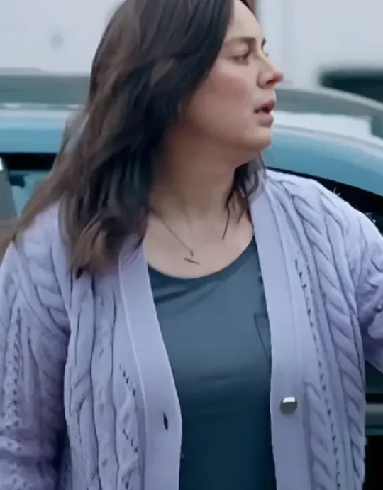 The Feud S01 Jill Halfpenny Purple Cable Knit Cardigan