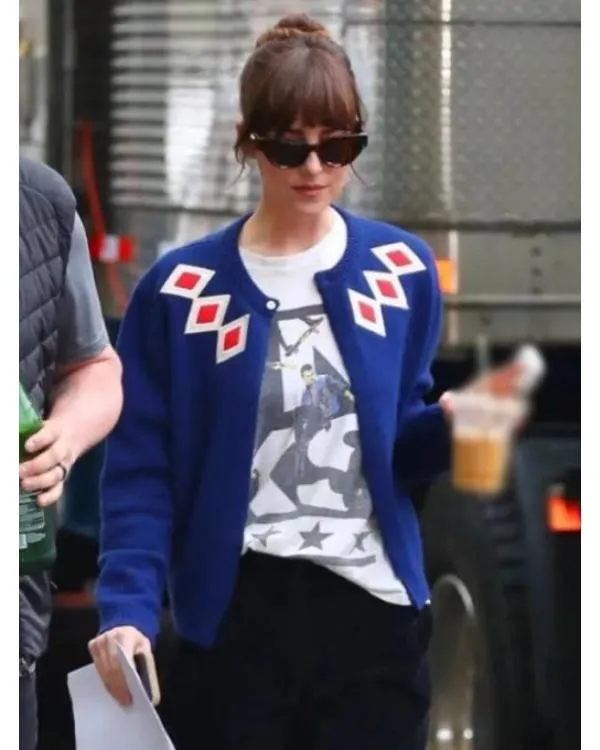 Materialists 2025 Dakota Johnson Blue Argyle Cardigan 2025