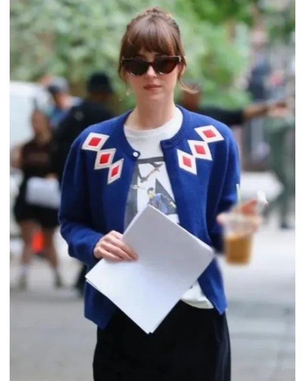 Materialists 2025 Dakota Johnson Blue Argyle Cardigan