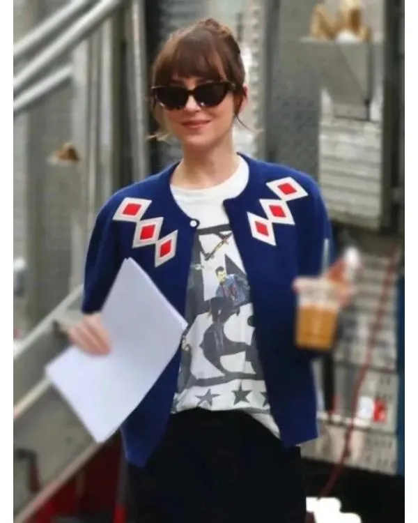 Materialists 2025 Dakota Johnson Blue Cardigan